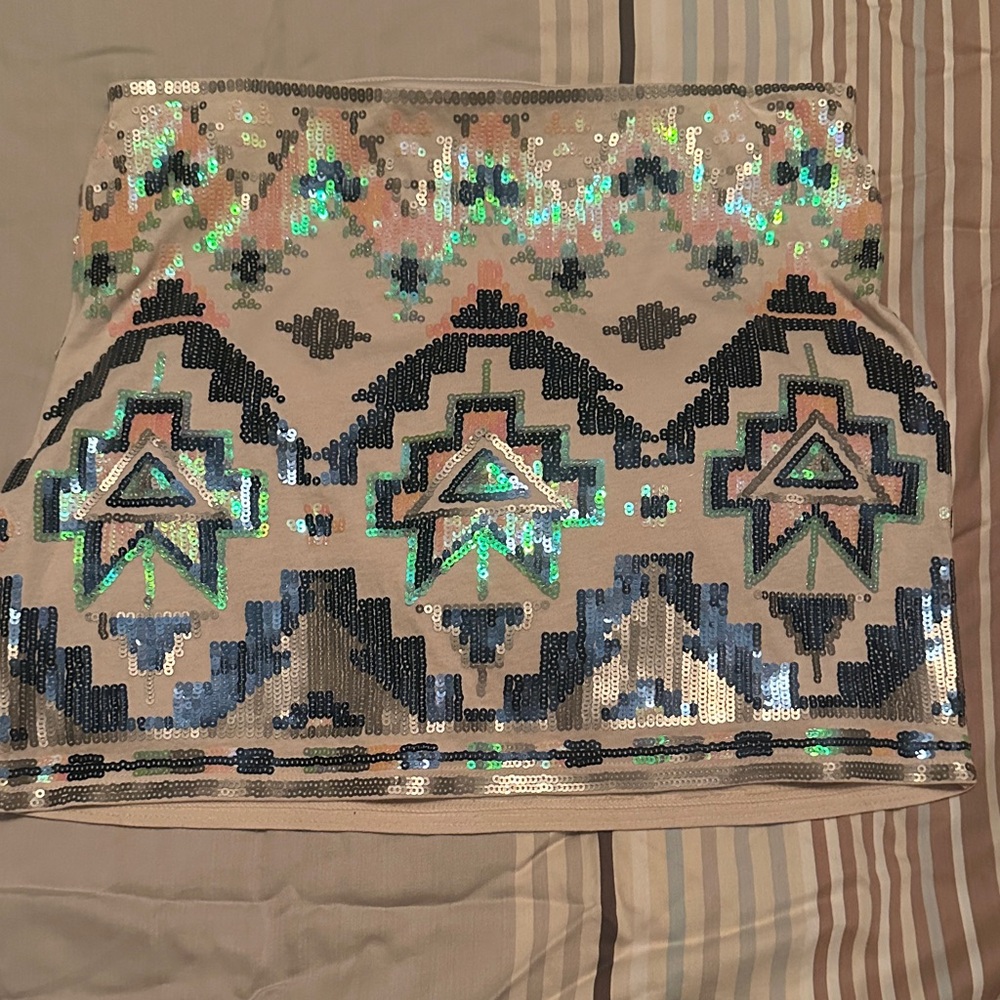 Express Sequin Aztec Mini Skirt - Beige with Blue & Green Accents